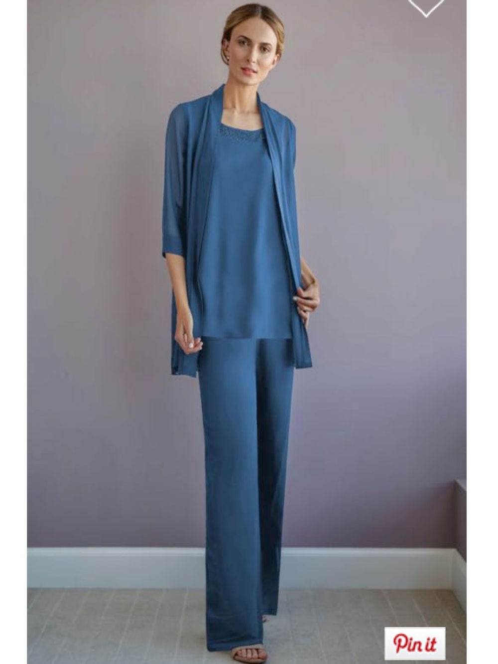 Black Label by Jasmine M220006 Steel Blue Chiffon Jacket & Pants Set NWT Size 8